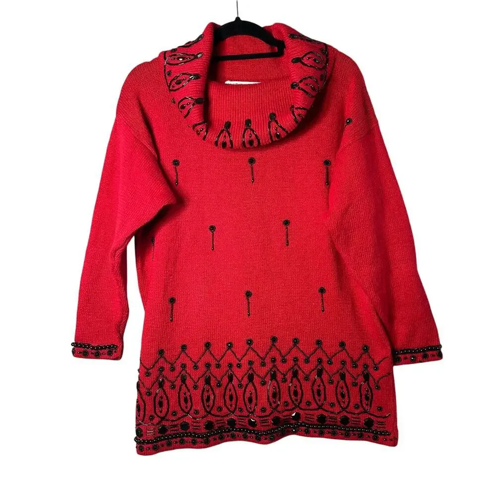 Vintage Victoria Jones Sweater Women S Red Oversized Long Sleeve Pullover Beaded